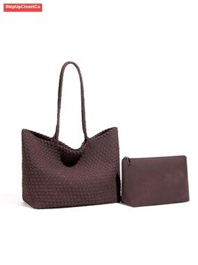 Faux Suede Woven Tote Bag with Pouch, Slouchy Handbag, Magnetic Closure